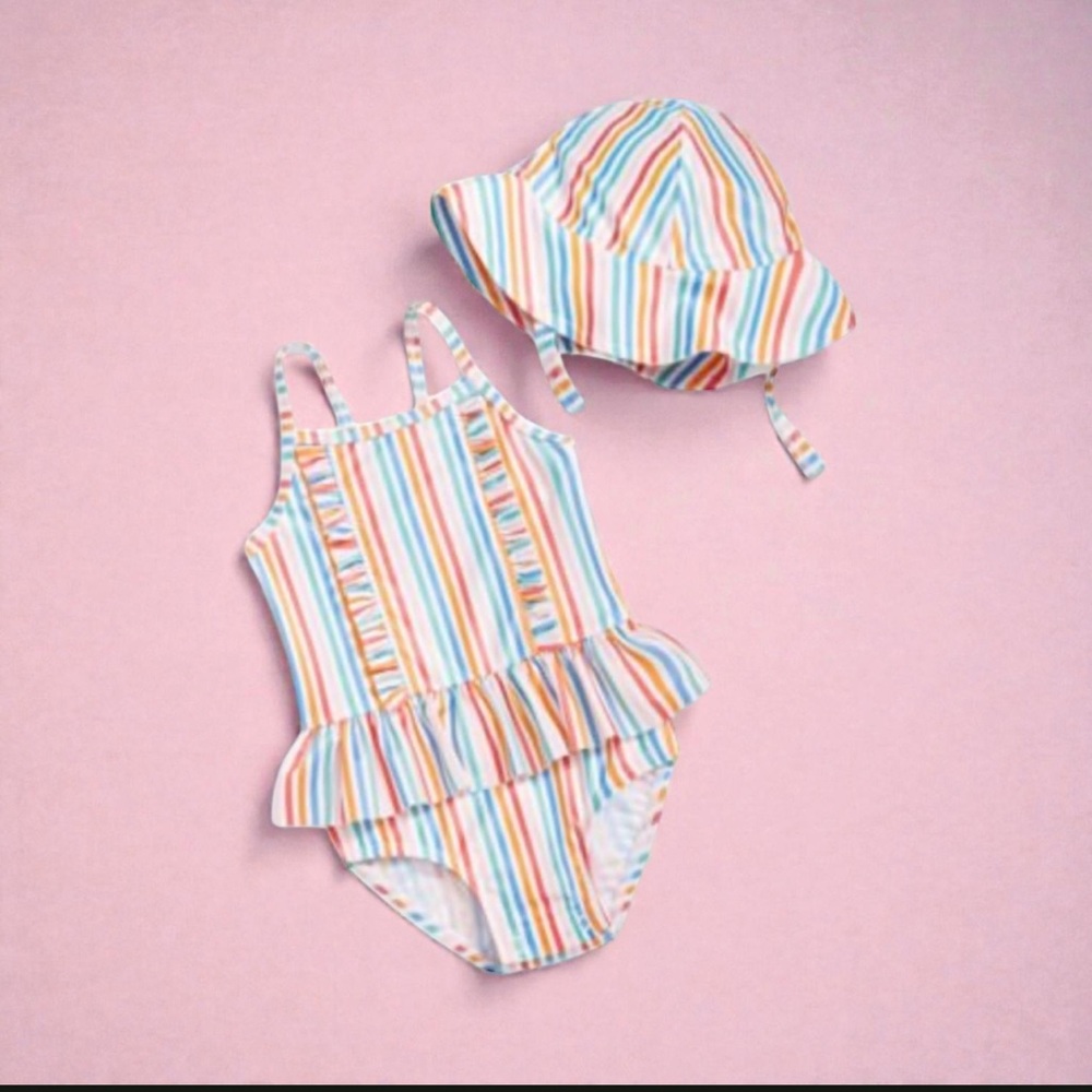 NWT First Impressions Baby Girl Striped One Piece Swimsuit &‎ Hat, 2 Piece Set